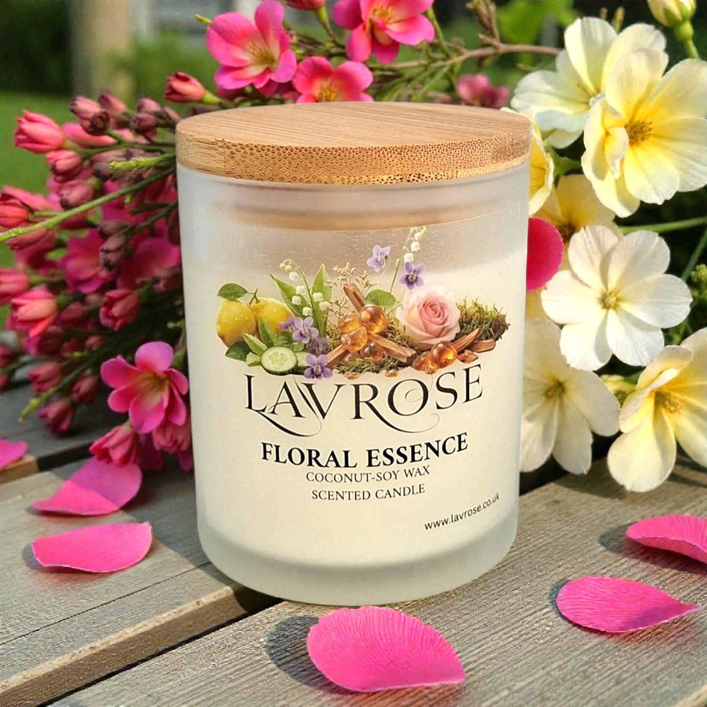 Floral Essence Scented Candle - Lavrose eco - friendly scented candle, coconut - soy wax, sustainable, vegan, cruelty free, paraben free, clean burning, natural ingredients, toxin free, no additives