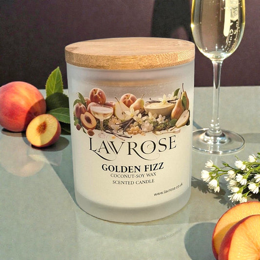 Golden Fizz Scented Candle - Lavrose eco - friendly scented candle, coconut - soy wax, sustainable, vegan, cruelty free, paraben free, clean burning, natural ingredients, toxin free, no additives