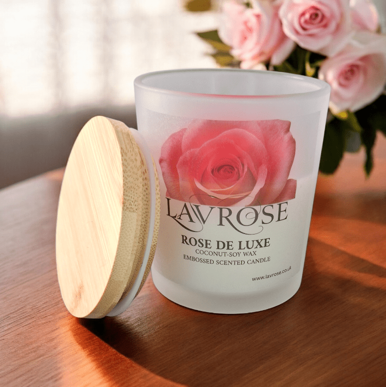 Rose De Luxe Signature Scented Candle - Lavrose eco - friendly scented candle, coconut - soy wax, sustainable, vegan, cruelty free, paraben free, clean burning, natural ingredients, toxin free, no additives