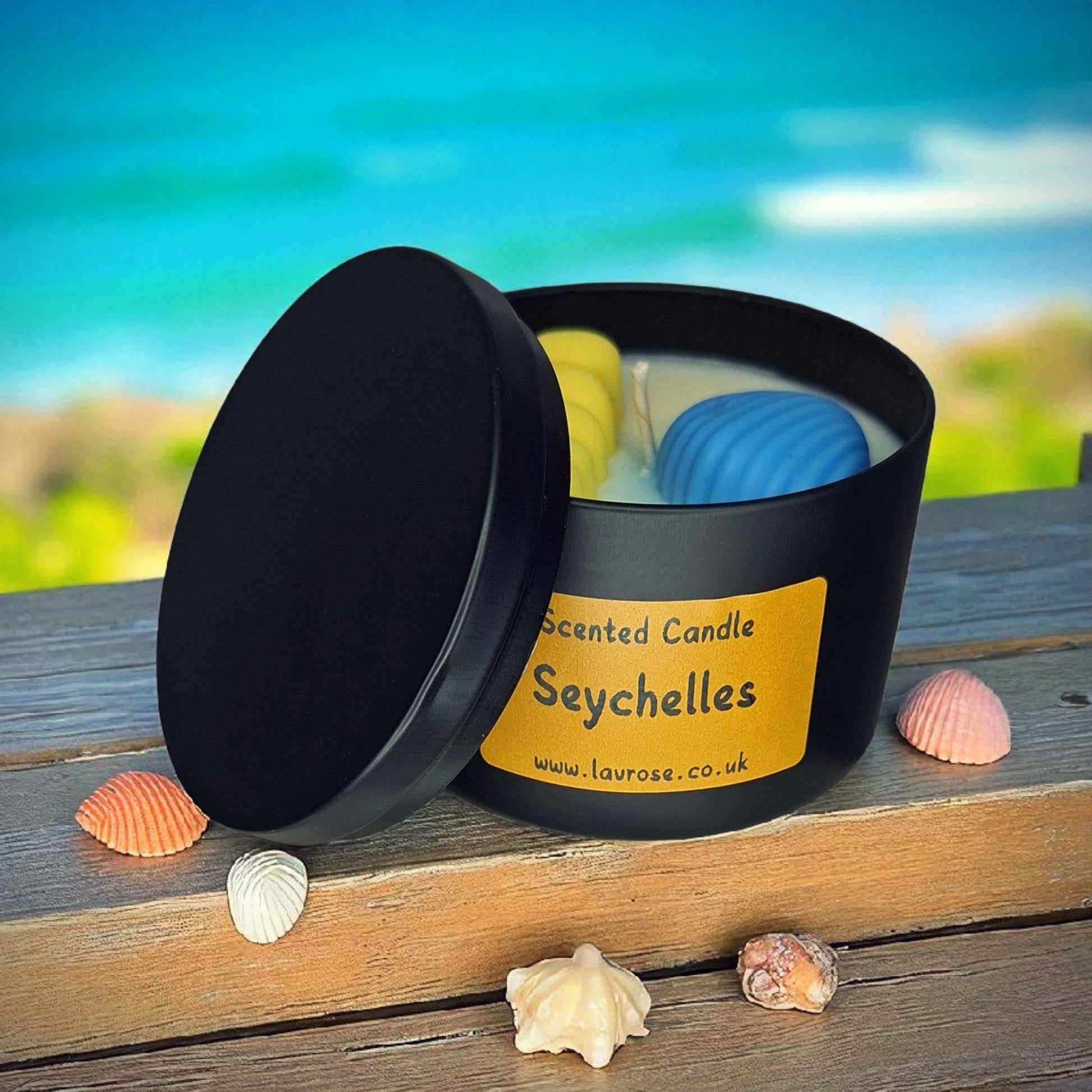 “seychelles candle scented candle coconut soy wax black tin