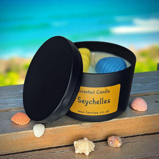 “seychelles candle scented candle coconut soy wax black tin