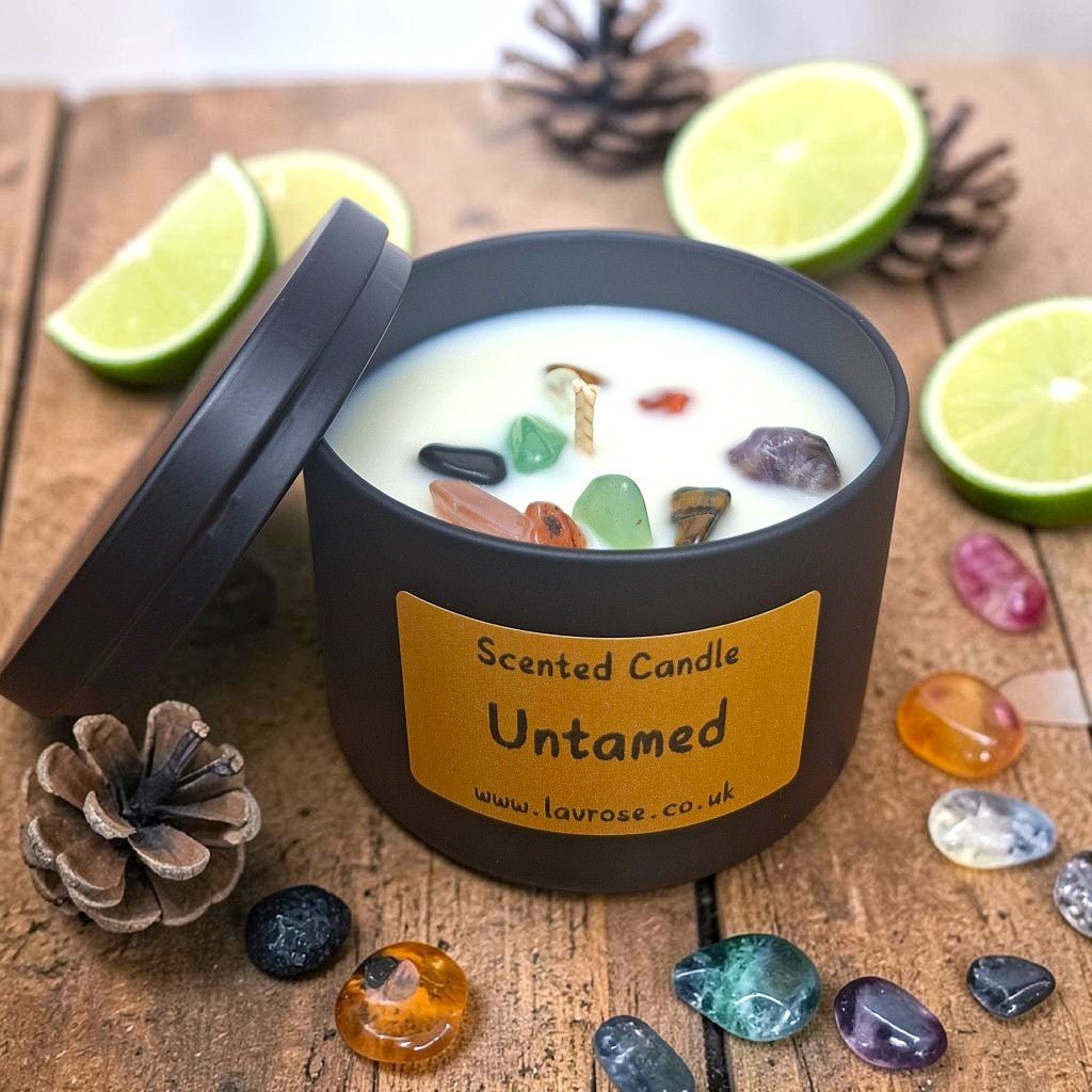 Untamed Scented Candle - Lavrose eco-friendly scented candle, coconut-soy wax, sustainable, vegan, cruelty free, paraben free, clean burning, natural ingredients, toxin free, no additives